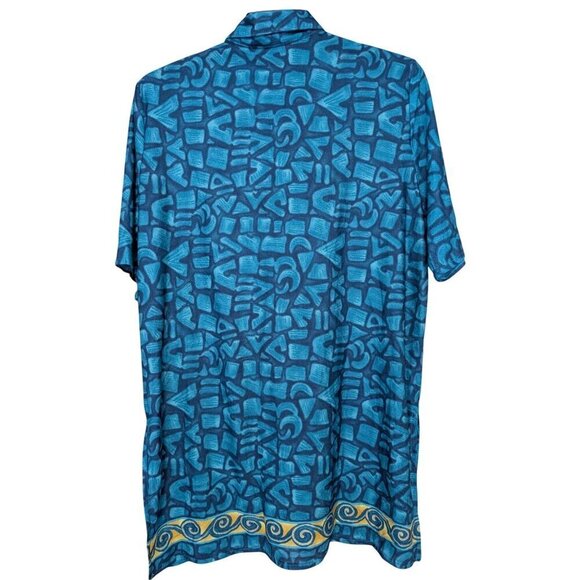 Tara Grinna Blouse Blue Shirt Geometric Short Sleeve Button Hawaii Women's Large - Picture 2 of 6